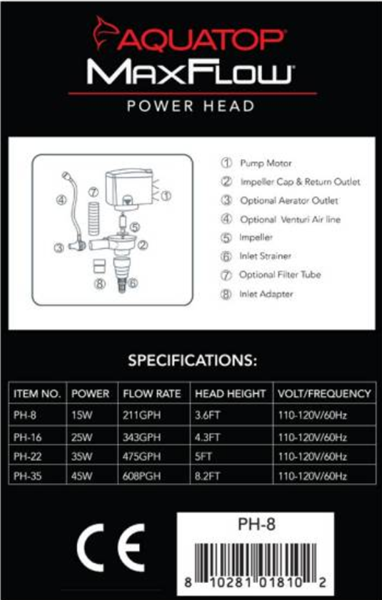 Aquatop MaxFlow Power Head PH8 - 211gph