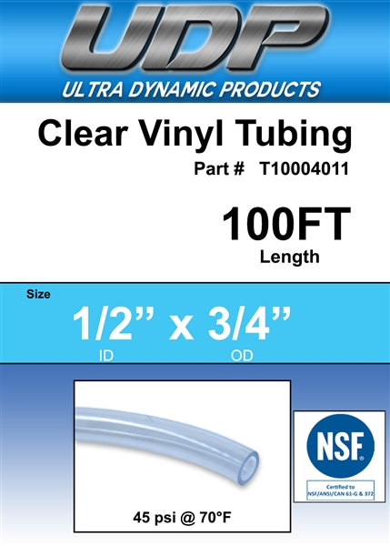 UDP Clear Vinyl Tubing - 1/2" ID x 3/4" OD - 100 Ft. Box